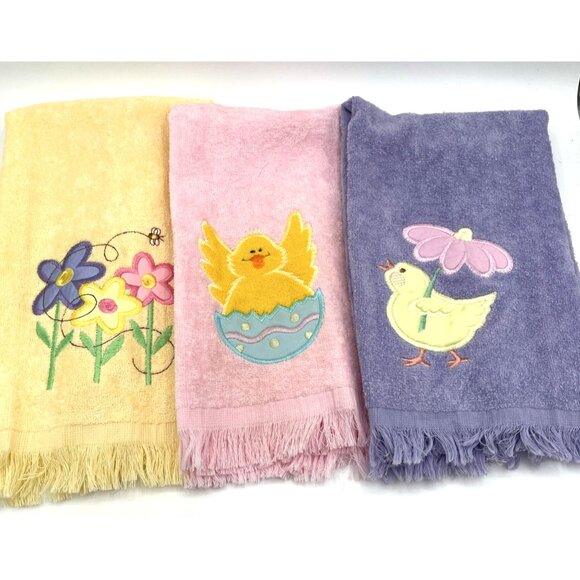 Cecil Saydah Set of 3 Easter Hand Towels 15"x24" Pastel Spring Chicken & Floral - Picture 1 of 13